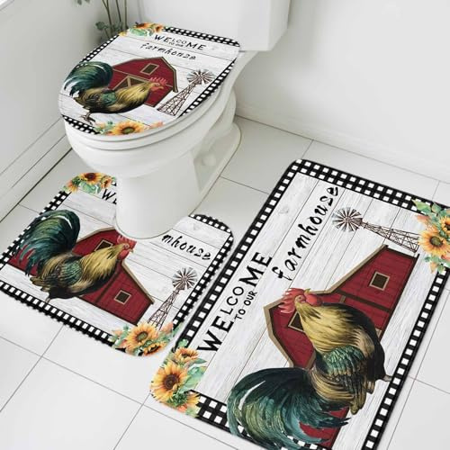 3 Piezas Juego De Alfombra De Baño Granja Gallo Rústico Rojo Granero Molino De Viento Girasoles Juego De Alfombrillas De Baño Durable por Encargo Alfombras De Cama, para Cocina, Bathroom