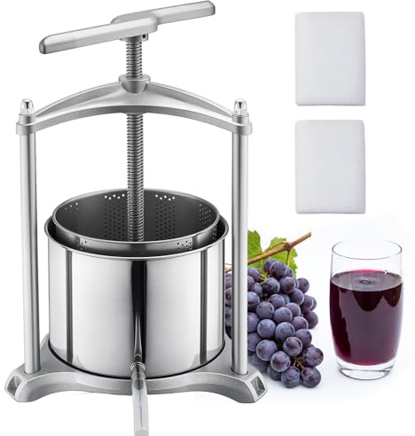 VEVOR Pressa Manuale per Vino, Torchietto Manuale Premitutto in Acciaio Inox 6 Litri Vino Frutta Mele UVA Arance Verdure, Torchio per Succhi da Tavolo 2 Sacchetti di Filtro Manico a T da Cucina Casa