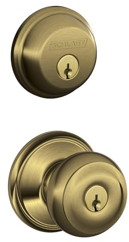 Schlage FB50 V GEO 609 Single Cylinder Deadbolt and Keyed Entry Georgian Knob, Antique Brass