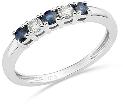 Miore anello eternità con diamanti e zaffiri, diamanti naturali di 0,13 carati e zaffiri blu naturali di 0,25 carati in oro bianco 9 carati 375