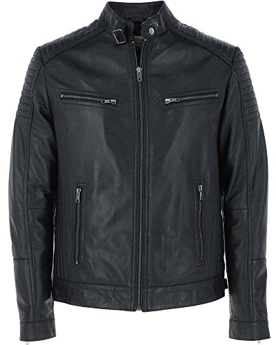 Diffusion Men's Biker Leather Jacket Genuine Leather Zipped Motorcycle Style Leather Coat BLACK