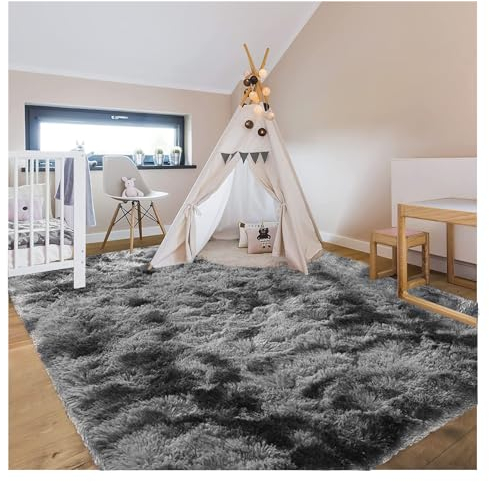 Bibykivn Teppich Wohnzimmer Hochflor Teppiche Waschbarer, 120x200cm Moderner Langflor Teppiche Anti-Rutsch Unterseite Carpet, Weich Teppich Groß für Wohnzimmer Schlafzimmer Schlafsaal (Dark Gray)