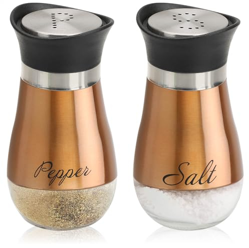 COM-FOUR® Set saliera e pepe da 2 pezzi in acciaio inossidabile e vetro - contenitore per spezie con etichetta - shaker per spezie in cucina e catering (Set da 2 pezzi - color rame)