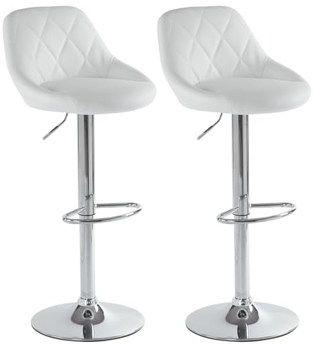 LEADZM Tabouret de Bar Lot de 2 Chaise de Bar Réglable Hauteur en PU Rotatif sur 360°, avec Dossier et Repose-Pieds (Blanc)
