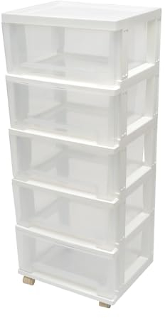 Schubladenschrank mit 5 Schubladen und Rollen, Aufbewahrungsturm aus Kunststoff Bürocontainer rollbar Kommode Organizer, Aufbewahrungssystem für Küche Bad Wohnzimmer Büro (Weiß)