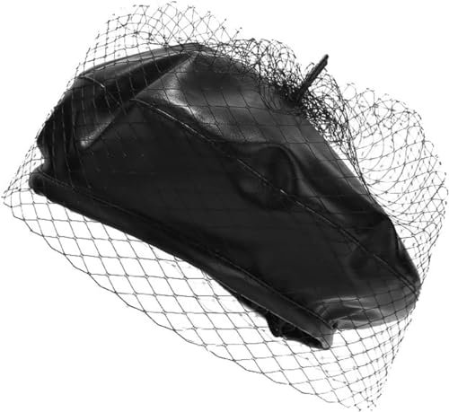 Vagbalena Béret pour Femmes avec Voile béret PU Cuir Journal garçon Chapeau décontracté Béret français de Baker Couleur décontracté Chapeau de Peintre Classique Casquette Plate (Noir,Une Taille)