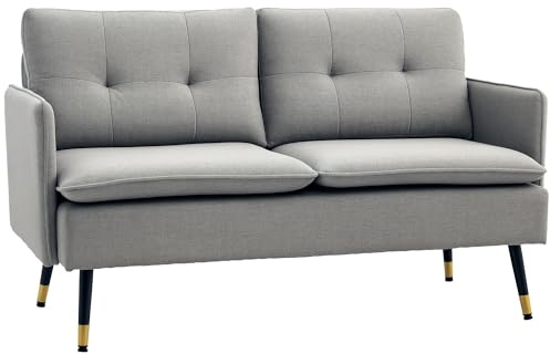 HOMCOM Divano 2 Posti in Tessuto Effetto Lino con Braccioli e Cuscini Imbottiti, Divanetto 2 Posti Moderno con Gambe in Acciaio, per Ufficio, Soggiorno, Salotto e Camera da Letto, 139x68x80 cm, Grigio