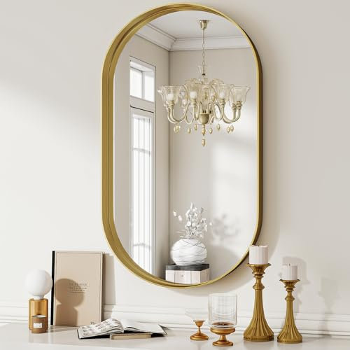 BEAUTYPEAK Wandspiegel - 43x76 cm Oval Tiefer Rahmen Badezimmerspiegel, Gold Ovaler Rahmen aus Aluminium Spiegel, Hängender Wandspiegel für Flur, Wohnzimmer, Gold Wall Mirror