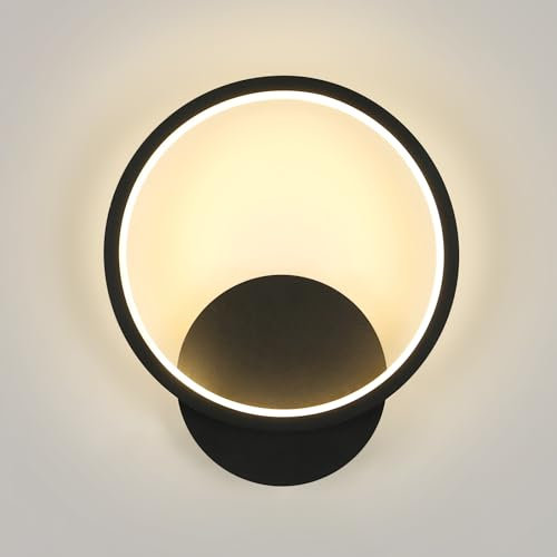 Toolight Wandleuchte Innen Rund Schwarz, 12W 1350LM LED Wandlampe Rund Moderne, 20cm Wandleuchten für Innen Acryl 3000K Warmweißes für Schlafzimmer Bad Flur Wohnzimmer Treppe