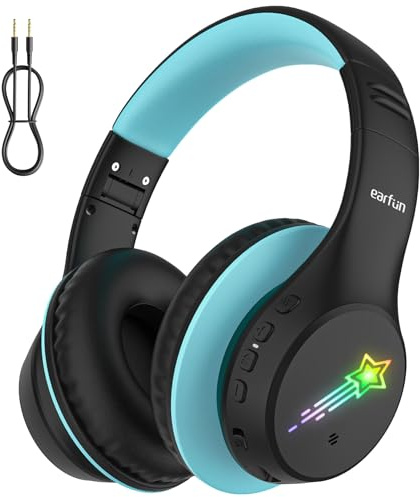 EarFun Kids Headphones Wireless, Kids Headphones Bluetooth 5.4 with LED Lights, Safe Volume 74/85/94dBA with Mics, 90H Playtime, Over Ear Hi-Fi Stereo Sound for Tablet Travel Boys, Black