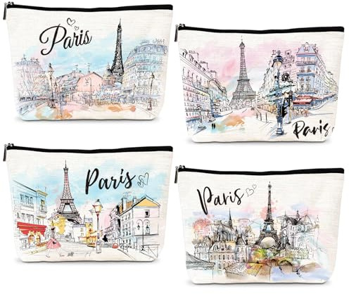 Luvsweets Paris Gifts Travel Essentials - 4Pcs Eiffel Tower Makeup Bag, France Paris City Watercolor Cosmetic Bags with Zipper Pouch, Weekend Vacation Trip Gifts for Travellers Women Girls