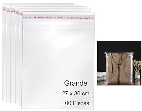 100 Bolsas Grandes de Celofán Transparentes Autoadhesivas, Bolsas de Plástico para todo uso, 100 Unidades (27x30 cm)