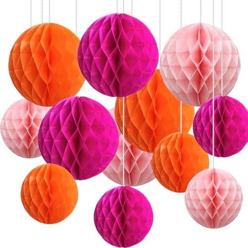 CC wonderland zone 12pcs Orange and Pink Paper Honeycomb Balls,6 & 10 Hanging Tissue Pom poms for Birthday Party Decoration(Hot Pink,Pink,Orange)