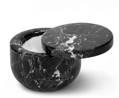 EARTHEN CRAFTS Bodega de sal de mármol de 3 pulgadas, mini caja de sal negra con tapa magnética giratoria, 2.5 onzas, piedra natural, tarro de especias para encimera de cocina, contenedor de