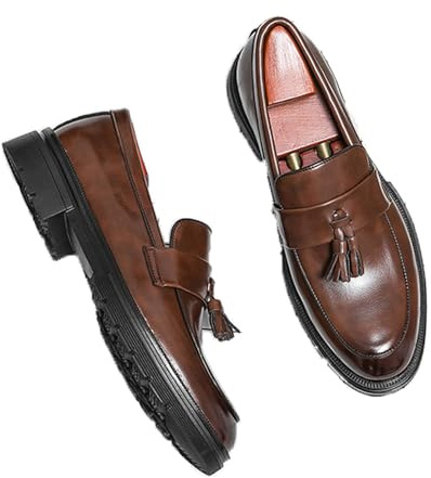 LMUIPMAA Hommes PU Cuir Tassel Slip on Mocassins Bout Rond Penny Flats Bas Bloc Talon Affaires Travail Bureau Chaussures,Marron,46 EU