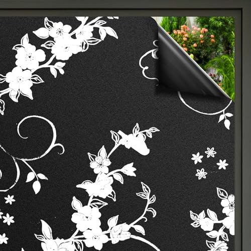 Pellicola Oscurante Vetri Finestre Nera Opaca Pellicola per Vetri Finestre Satinata Autoadesive Pellicol Privacy Finestres Anti-UV Nera per Casa, Camera, Ufficio, Motivo Floreale, 44.5x300cm