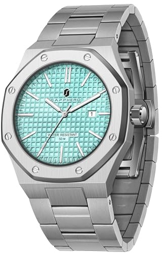 SAPPHERO Montre Homme Quartz Argent Acier Inoxydable Bracelet 50M Etanche Date Calendrier Noir Bleu Montre Cadeaux pour Hommes