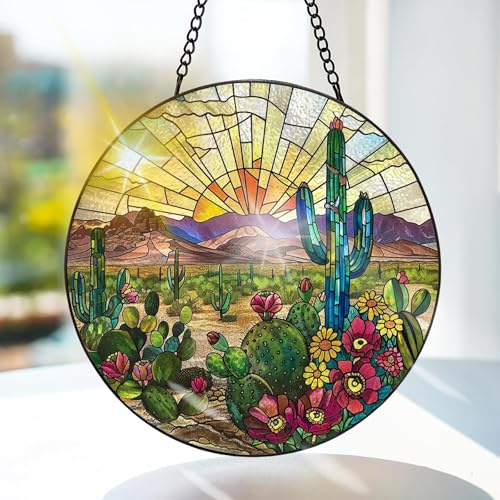 Bimkole KaktusFönsterhänge I Målat Glas Med Solfångare -Växter Hängande Fönsterdekoration - för Trädgård, Fönster och Dörr, Jul, Handgjord Suncatcher Dekor 20x20 cm