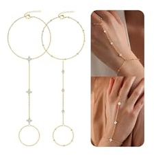 2 PCS Gold Plated Hand Chain Bracelet for Women, Zircon and Four-leaf Clover Dainty Finger Ring Bracelets, Delicate Minimalist Charm Hand Jewelry