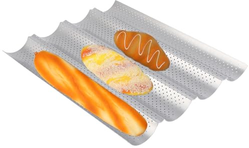 Agatige Molde para pan de baguettes, bandeja para hornear baguettes perforada antiadherente, molde para hornear pan francés con ranuras múltiples, molde para hornear pan para masa (Cuatro ranuras)