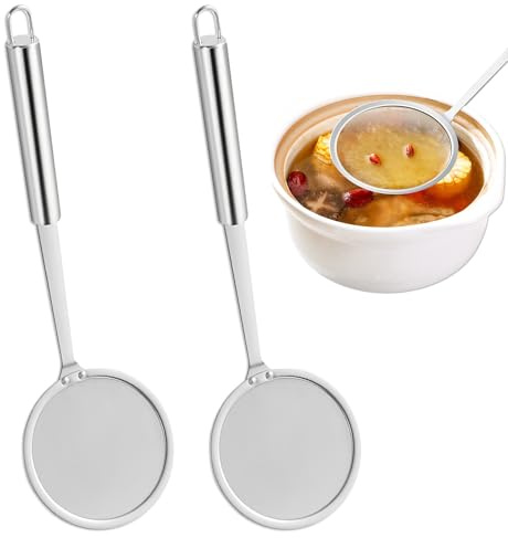 2 Unidades Espumaderas de Cocina, 10 cm Colador de Malla Fina de Cocina de Acero Inoxidable, Cuchara de Filtro con Mango, Extrafina Colador Alimentos, Adecuada para Separar Espuma, Grasa, Residuos