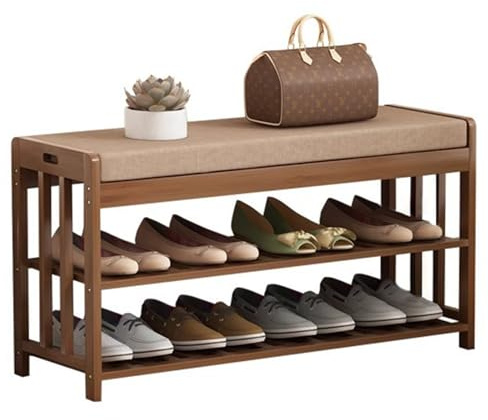 Gevvnss 2 Tier Shoe Storage Bench,Shoe Rack With Padded Seat,Storage Ottoman Bench,Handle Design,Rounded Corners,For Entryway Living Room Hallway End Of Bed,Wooden(width 31.5in)