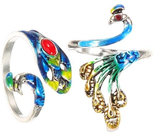 WEKAMOS 2 piezas Anillos de Crochet Ajustables de Plata Forma de Pavo Real Anillos para Tejer y Enrollar Hilo Accesorios para Costura y Manualidades