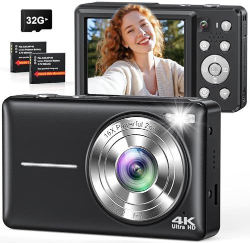 Fotocamera digitale 4K 64MP, Macchina Fotografica Digitale doppia fotocamera con autofocus, flash, zoom 16X, scheda da 32 GB, fotocamera per bambini, adolescenti, e principianti(nero)