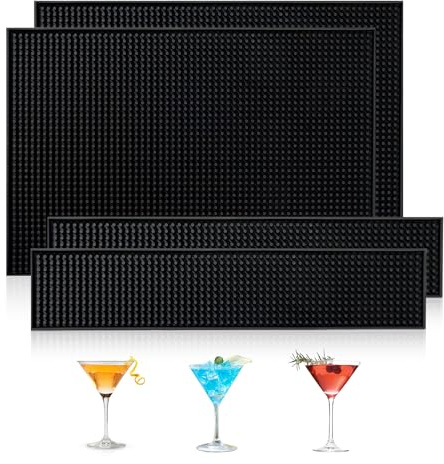 eupdd Set da 4 Pezzi Tappetino Bar: 45x30+60×10cm Tappetino Cocktail Antiscivolo, PVC Nero, Tappetino da Bar per Bicchieri, Scolapiatti, Cucina, Bar, Ristoranti, Caffè, Bancone