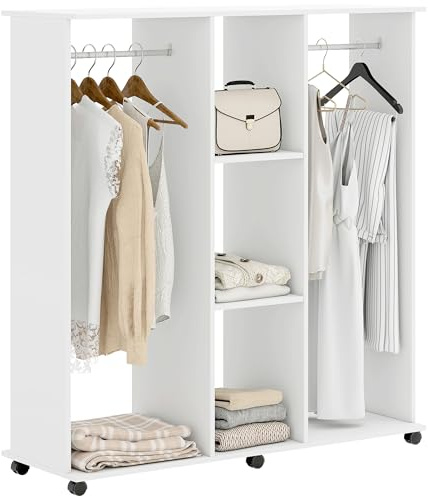 HOMCOM Armoire Penderie Meuble de Rangement Mobile 6 roulettes 120L x 40l x 128H cm en Bois Blanc