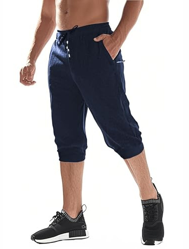 EKLENTSON Men's Three-Quarter Jogger 3/4 Capri Pants for Men Athletic Gym Running Yoga Shorts Men Blue 38