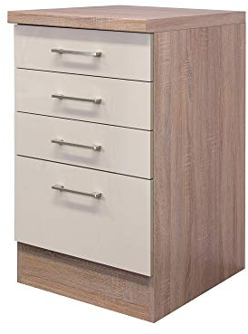 Flex-Well Unterschrank Nepal - Auszugschrank - Schubladenschrank - Breite 50 cm - Creme glänzend/Eiche Sonoma