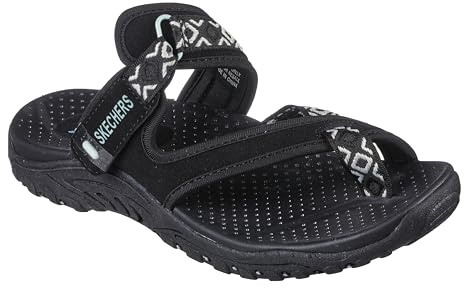 Skechers womens REGGAE - IRIE MON -Multi strap toe thong sandal, Black/White, 8