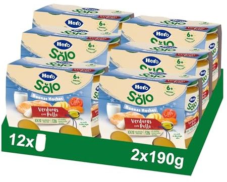 Hero Baby - Tarritos Infantiles, Buenas Noches Tarritos de Verduritas con Pollo, Alimento Infantil para Bebés a Partir de los 6 Meses - 190 g (Paquete de 12)