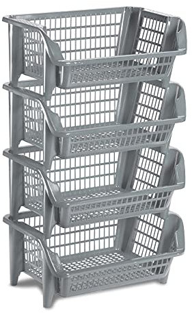 Regal bestehend aus vier stapelbaren Körben aus Kunststoff in Grau. Stapel- und nestbar. Beliebig erweiterbar.