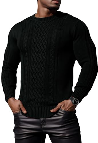 Hisir Pull Homme Hiver Cablé épais Col Rond Chaud Manches Longues Pullover Tricoté Col Rond Pulls Hommes (Noir, S)