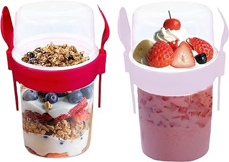4All 2Pcs Yogurt Pots With Spoon and fork Reuseable 650ml Food Container BPA Free On The Go Museli Cup Breakfast Pots Cereal Containers (Set of 2 Red,Pink)