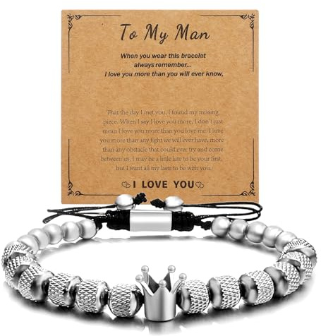 GZJOGOSilver Adjustable Stainless Steel Men Bracelet，To My Man Straighten Your Crown Beaded Bracelet for Husband Boyfriend, Gifts for Men Father Brother