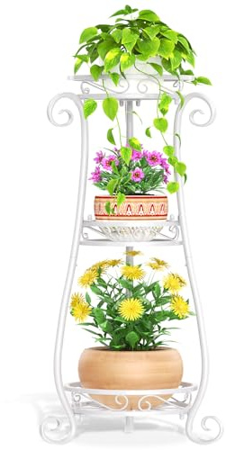 VASZOLA 3 Tier White Metal Plant Stand for Multiple Large Planters Indoor Outdoor Organizer, Heavy Duty Tall Flower Stand for Corner Patio Bathroom Office, Modern Sturdy Vertical Iron Rack, Cat Proof