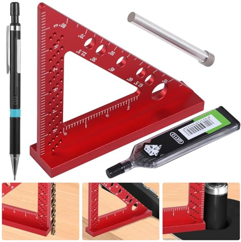 Small Carpenter Square Woodworking - Small Square Tool with Fixed Angle Pin and 0.9mm Mechanical Pencil - Precision Accurate Mini Carpenter Square - Aluminum Triangle Ruler for Woodworking