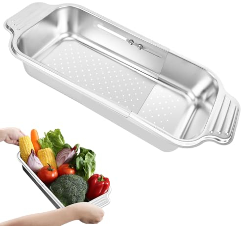 ARNTY Scolapasta da Lavello, Scolapasta Acciaio Inox, Setaccio Estensibile per Lavello, Accessori Cucina Ideale per Lavare Frutta e Verdura, Scolare la Pasta Cotta - Medio