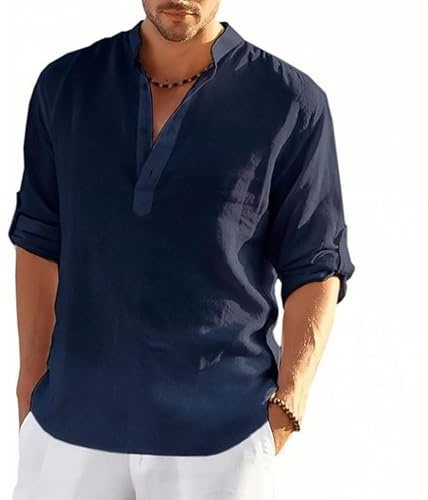 MSIYOW Camicia in Lino Uomo Shirt con Bottoni Camice Slim Fit Manica Lunga Camicia Bianca Casual Elegante (L, Blu Scuro)