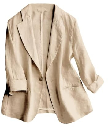 Mywinway Giacche Blazer da Donna Casual Maniche 3/4 Leggere Estive Primaverili in Cotone e Lino, Cachi, Medium