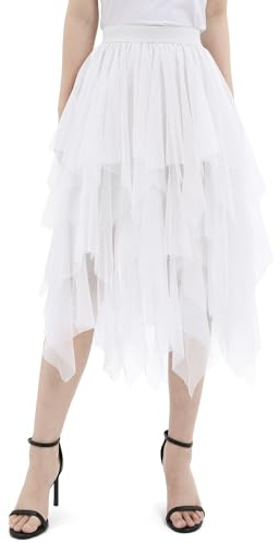 zffriction Women's Tulle Layered Mesh Skirt - Elastic Waist A-Line Midi for Summer - Daily, Party, Prom, Carnival (White, One Size)
