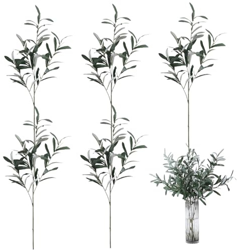 Hintyne olivkvistar för vaser, konstgrenar, 5 stycken konstolivkvistar 76,2 cm, konstgjorda olivgrenar utan oliver, 4 grenar, realistiska gröna stjälkar, stil 2