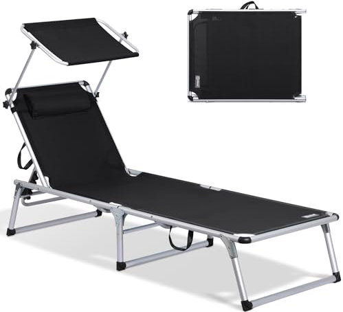 Homecall Sonnenliege mit Dach Gartenliege Leicht Sonnenliege Klappbar Alu Liegestuhl Strandliege, 5 Fach Verstellbare Rückenlehne, 190 x 60 cm Sonnenschutzdach, bis 136KG (Mit Sonnendach-Schwarz)