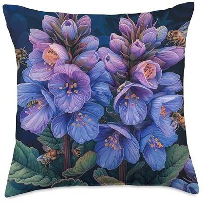 Bergenia Flower Blooming With Bees Around Graphic Throw Pillow