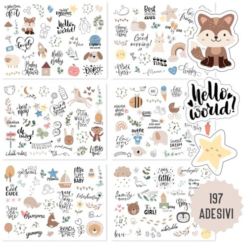 Baby Sticker Set Fotoalbum | 197 Aufkleber Babyalbum | Neugeborenen-Sticker für Scrapbook | Baby erste Jahr, Meilenstein-Aufkleber Junge und Mädchen Grün Eucalyptus