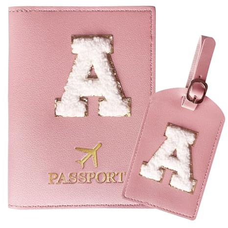 ZVRSUA Juego de portapasaportes y etiqueta de equipaje con bonitos parches de letras de la A a la Z, cubierta para pasaporte inicial, portadocumentos de viaje, regalo para mujeres, adolescentes, niñas