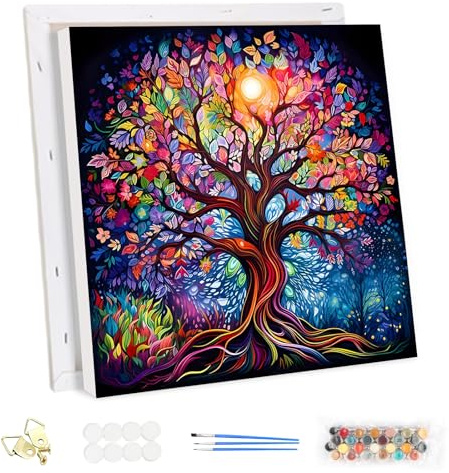 MEIYUDA Pintar por Numeros Adultos con Marco Colorido Árbol de la Vida, DIY Pintura por Numeros Kit Pintar por Numeros Adultos, Pigmento Acrílico, Decoración para el Hogar Regalo de pared 30x30cm